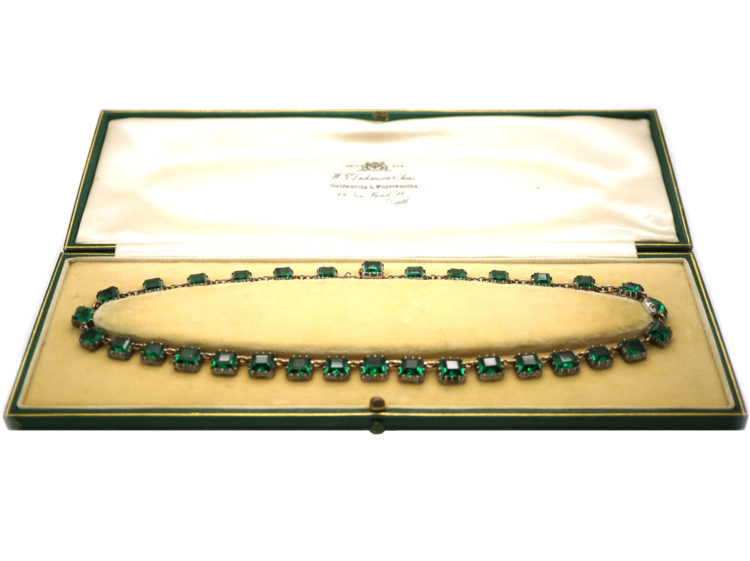 Edwardian Silver & Gold, Emerald Paste Riviere Necklace in Original Case
