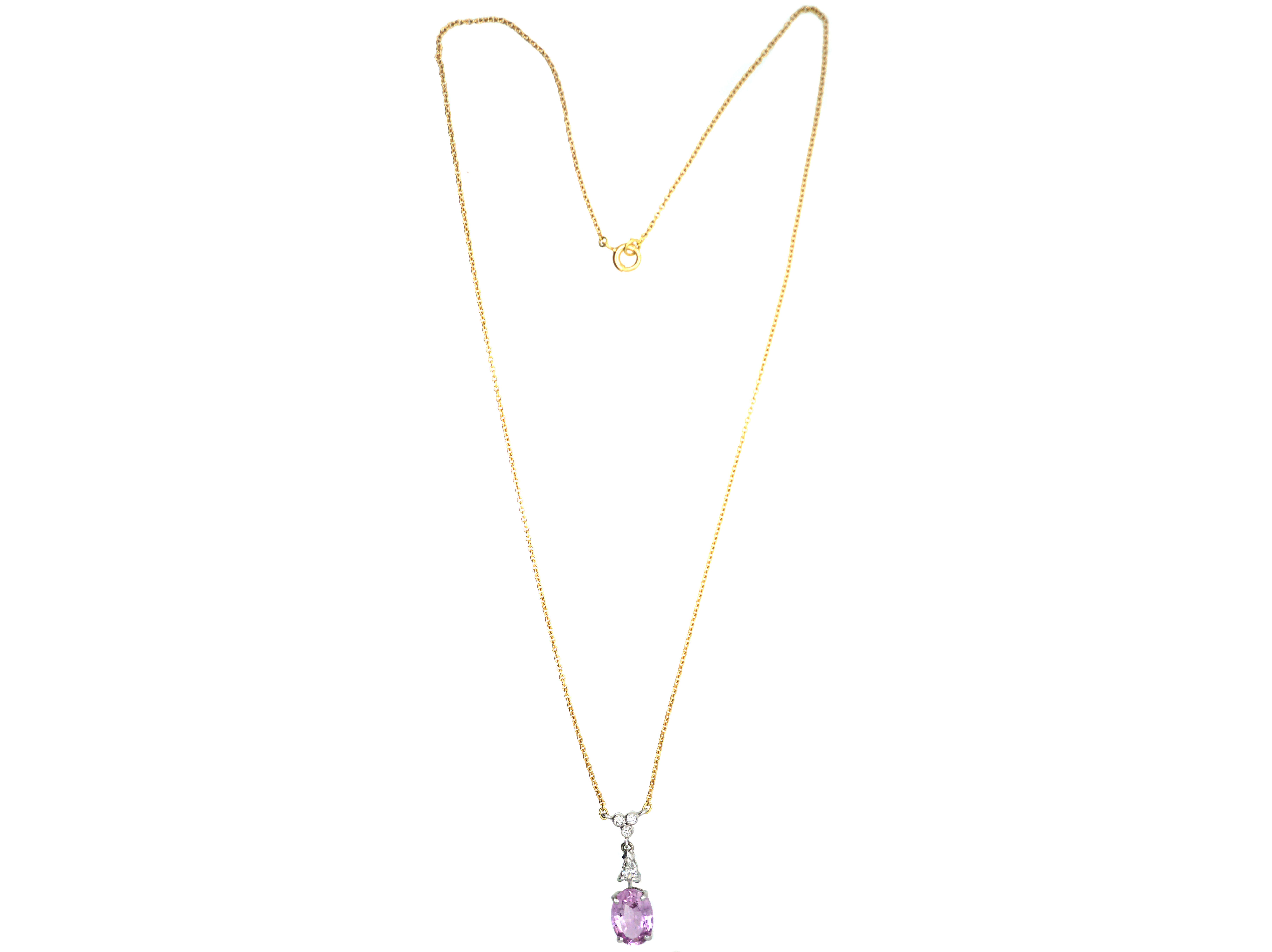 14ct White & Yellow Gold, Pink Topaz & Diamond Pendant on 14ct Gold ...