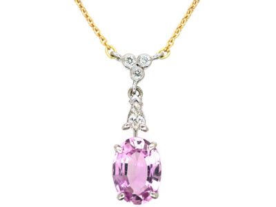 14ct White & Yellow Gold, Pink Topaz & Diamond Pendant on 14ct Gold Chain