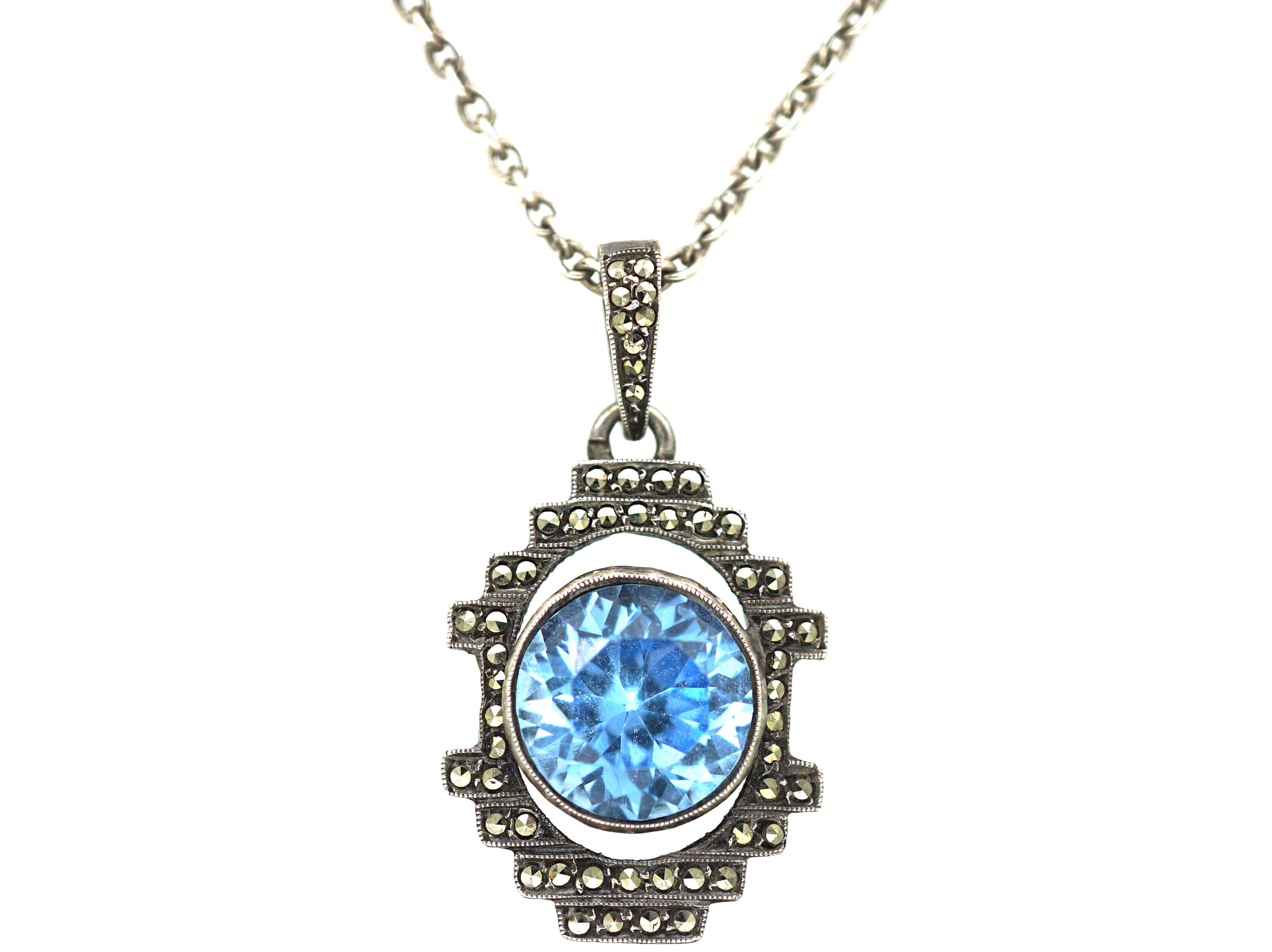 Art Deco Silver, Marcasite & Synthetic Spinel Pendant on Silver Chain ...