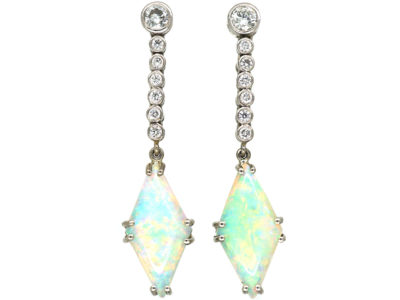 Art Deco Platinum, Opal & Diamond Drop Earrings