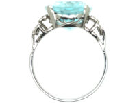 Art Deco Platinum, Aquamarine Ring with Diamond Set Shoulders
