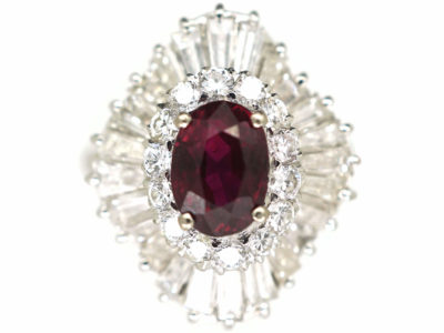 14ct White Gold Baguette Diamond & Ruby Ballerina Ring