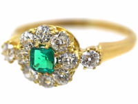 Edwardian 18ct Gold, Emerald & Diamond Cluster Ring with a Diamond on each Shoulder