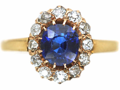 Edwardian 14ct Gold Sapphire & Diamond Oval Cluster Ring