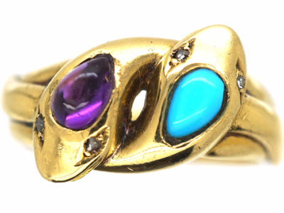 Victorian 18ct Gold Double Snake Ring set with a Turquoise & an Amethyst with Diamond Eyes
