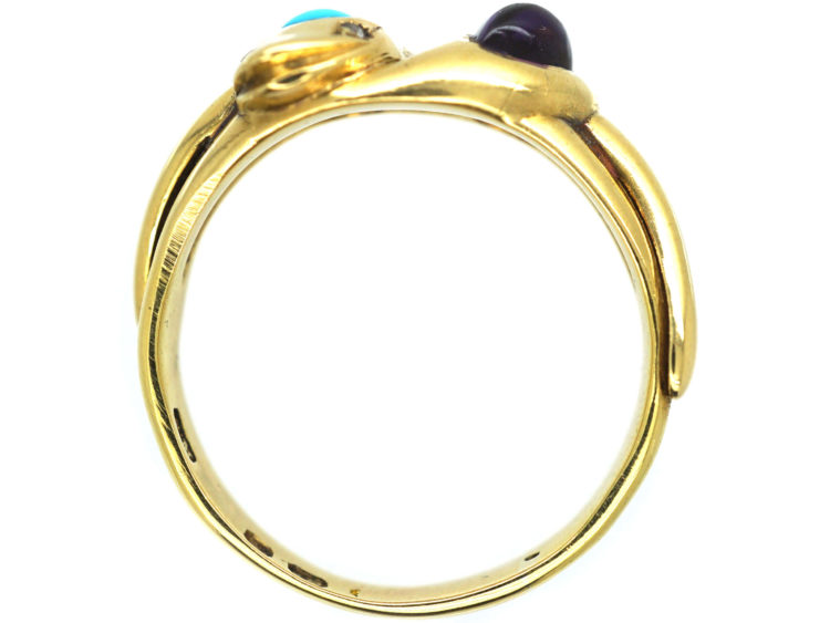 Victorian 18ct Gold Double Snake Ring set with a Turquoise & an Amethyst with Diamond Eyes