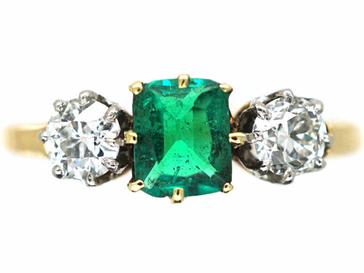 Edwardian 18ct Gold Three Stone Emerald & Diamond Ring