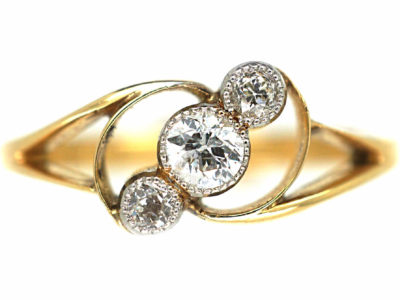 Art Nouveau 18ct Gold & Diamond Three Stone Crossover Ring