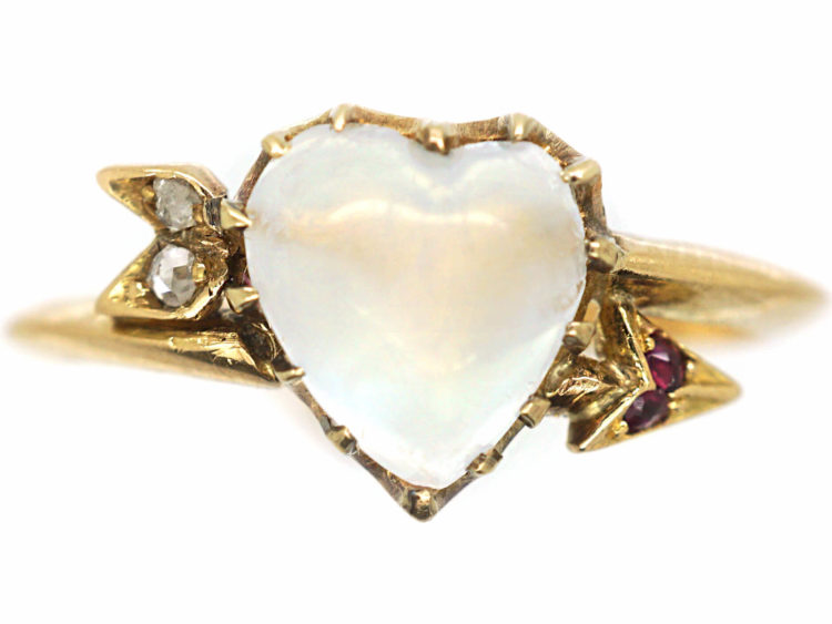 Edwardian 18ct Gold Moonstone Ruby & Diamond Heart & Arrow Ring