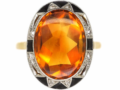 Art Deco 18ct Gold & Platinum, Madeira Citrine, Onyx & Rose Diamond Ring