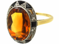 Art Deco 18ct Gold & Platinum, Madeira Citrine, Onyx & Rose Diamond Ring