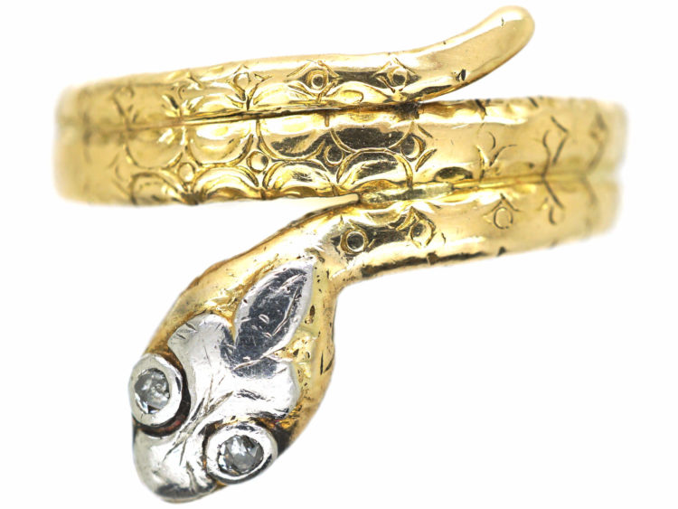 Edwardian 18ct Gold, Platinum & Rose Diamond Snake Ring