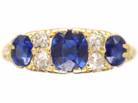 Victorian 18ct Gold Three Stone Sapphire & Diamond Carved Half Hoop Ring