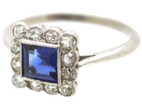 Art Deco Platinum Sapphire & Diamond Square Ring