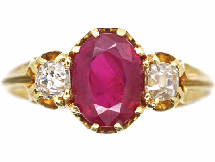 Victorian 18ct Gold, Burma Ruby & Diamond Three Stone Ring