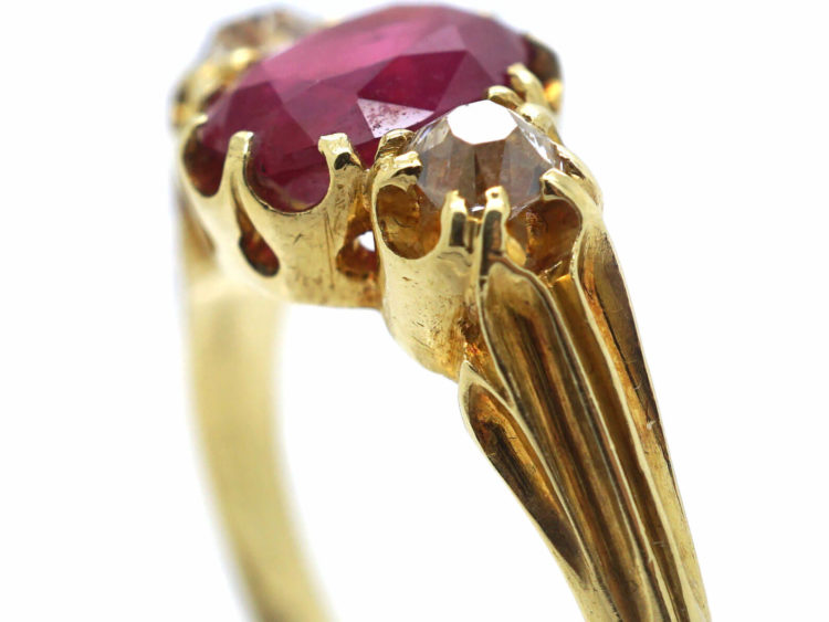 Victorian 18ct Gold, Burma Ruby & Diamond Three Stone Ring