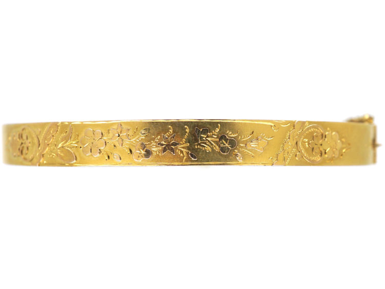 Victorian 9ct Two Colour Gold Bangle with Flower Motif
