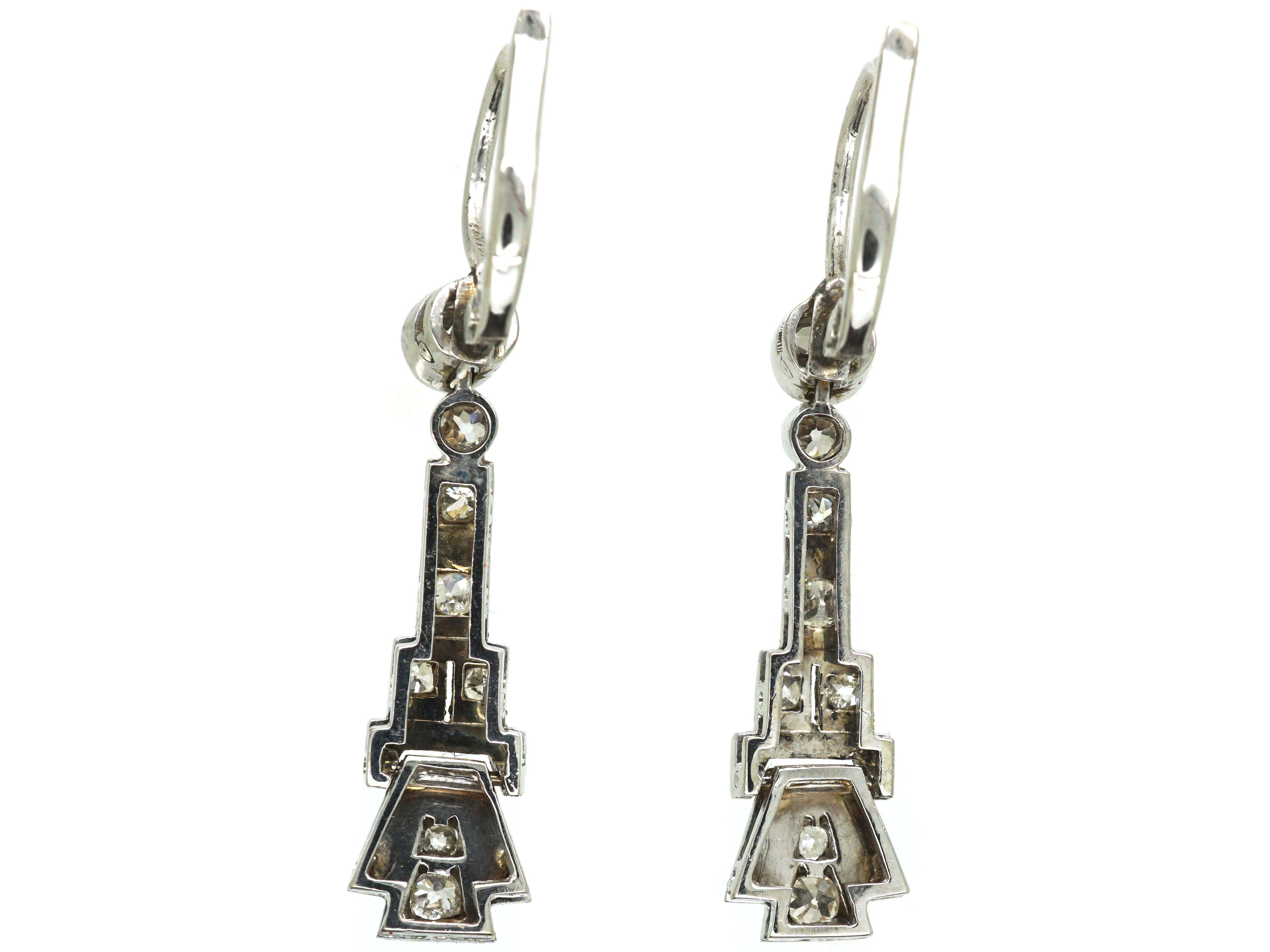 Art Deco Geometric Drop Earrings - White Austrian Crystal, Vintage Style, Gold Plated (Unsigned)