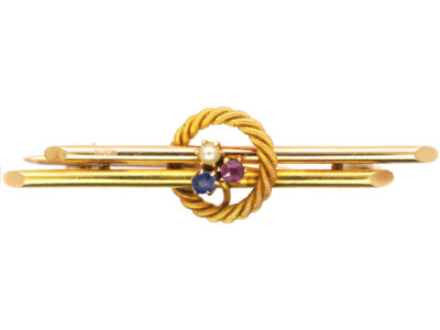Victorian 15ct Gold Bar Brooch with a Ruby, Sapphire & Natural Pearl within a Circle