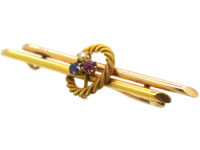 Victorian 15ct Gold Bar Brooch with a Ruby, Sapphire & Natural Pearl within a Circle
