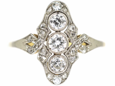 Art Deco 14ct Gold & Platinum & Diamond Three Stone Diamond Ring with Rose Diamond Detail