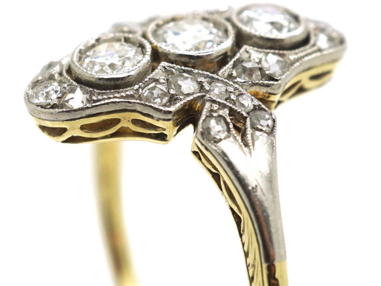 Art Deco 14ct Gold & Platinum & Diamond Three Stone Diamond Ring with Rose Diamond Detail