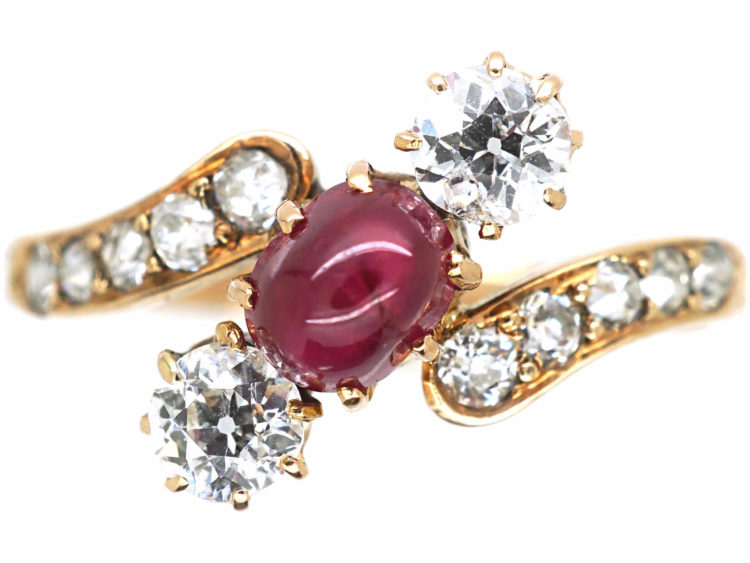 Edwardian 18ct Gold Cabochon Ruby & Diamond Crossover Ring