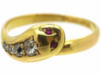 Victorian 18ct Gold Snake Ring set with Diamonds with Ruby Eyes