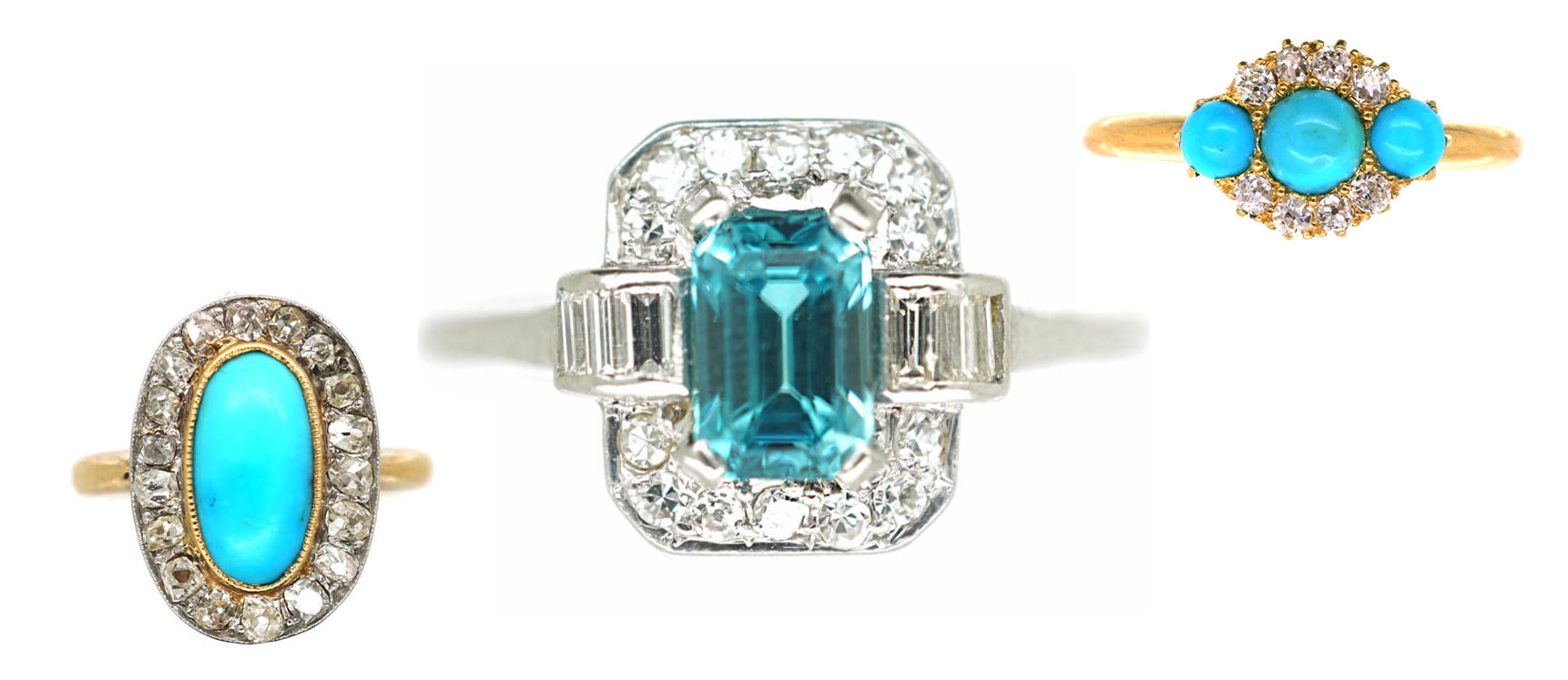Antique tanzanite, zircon and turquoise rings