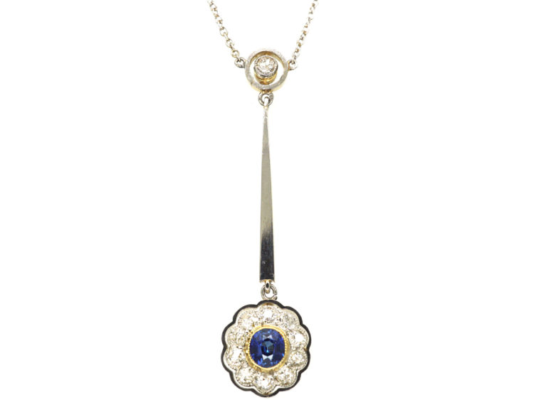 Edwardian 15ct Gold & Platinum, Sapphire & Diamond Drop Pendant on Platinum Chain