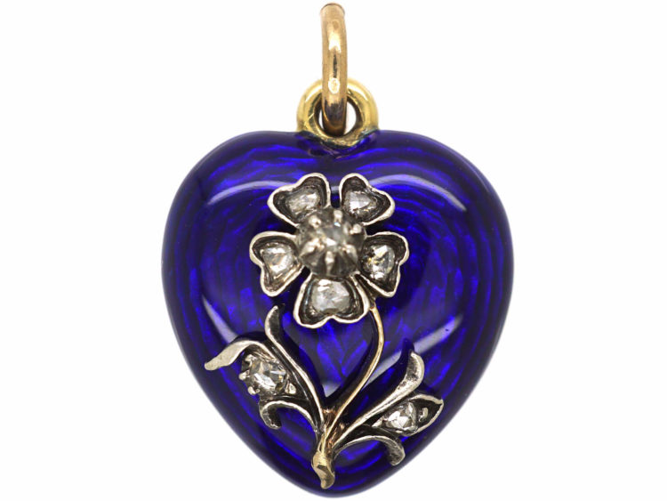 Victorian Blue Enamel & Rose Diamond Forget me Not Heart Pendant with Locket Back