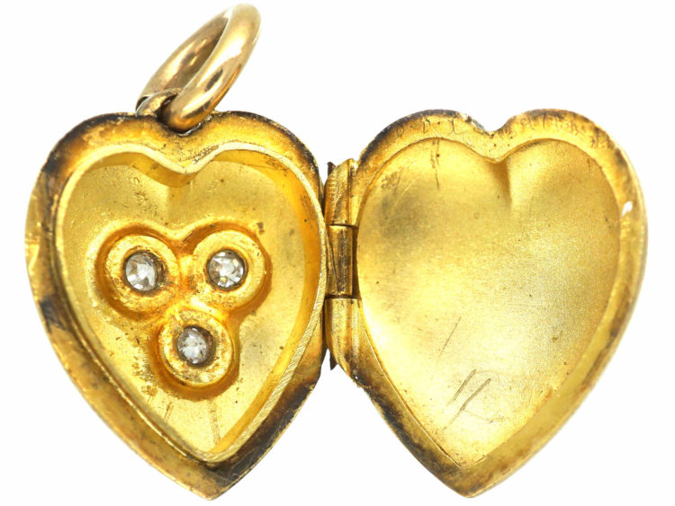 Edwardian 15ct Gold Heart Shaped Locket set with Three Diamonds