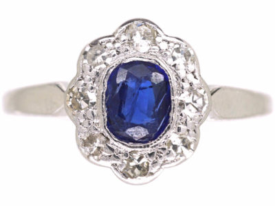 Edwardian 18ct White Gold & Platinum, Sapphire & Diamond Oval Cluster Ring