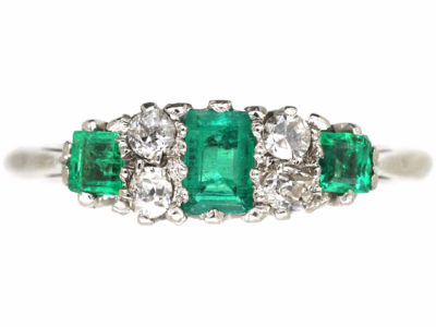 Art Deco Platinum, Three Stone Emerald & Diamond Ring