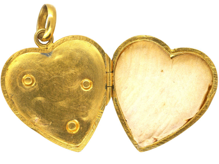 Art Nouveau 18ct Two Colour Gold Heart Shaped Mistletoe Motif Locket set with Three Natural Split Pearls