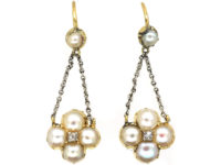 Edwardian 15ct Gold & Platinum, Natural Split Pearl & Diamond Drop Earrings