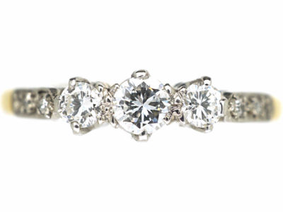 18ct Gold & Platinum, Three Stone Diamond Ring with Diamond Set Shoulders