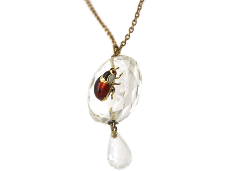 Edwardian Rock Crystal Pendant with an Enamelled Ladybird on 9ct Gold Chain