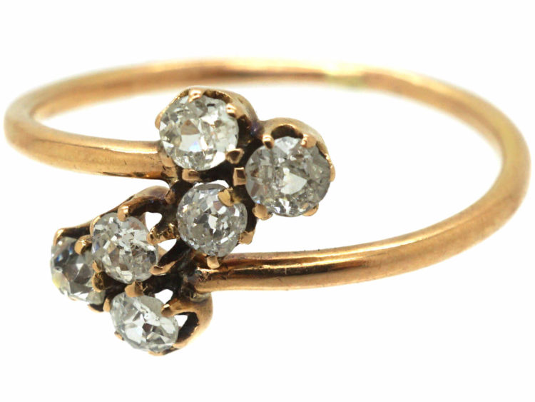 Edwardian 14ct Gold Double Clover Crossover Ring set with Diamonds