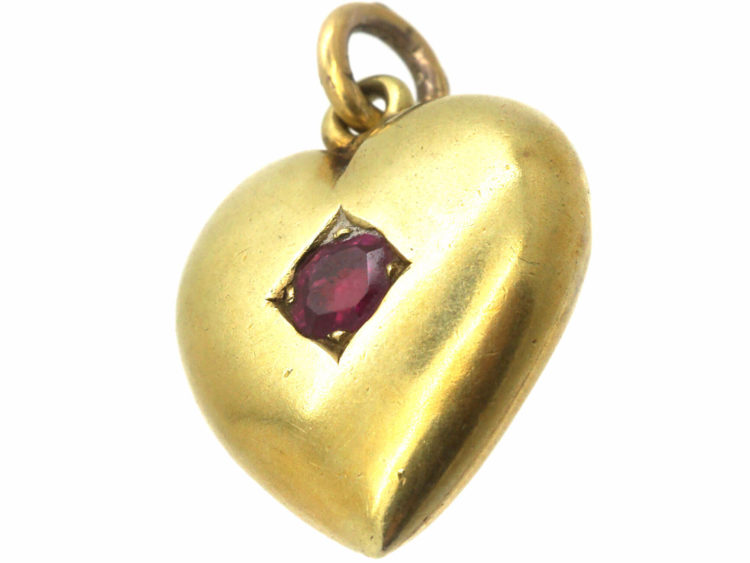 Edwardian 15ct Gold Heart Shaped Pendant set with a Ruby
