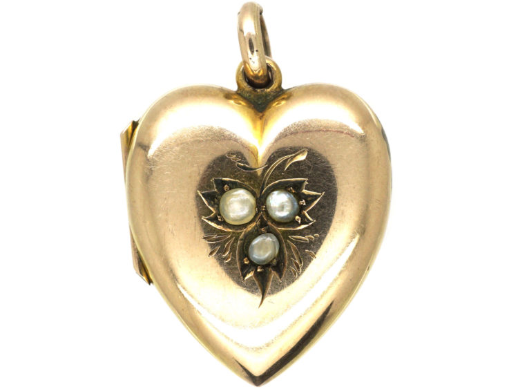 Edwardian Heart Shaped 9ct Back & Front Locket set with Three Natural Split Pearls