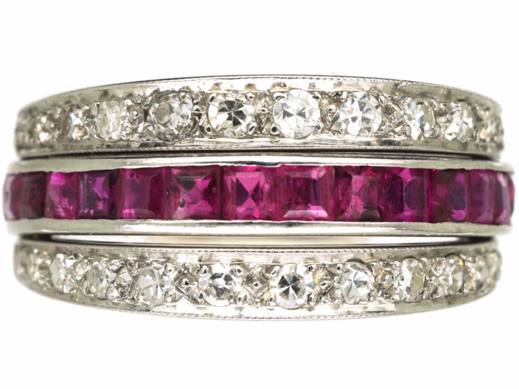 Art Deco 18ct White Gold, Sapphire Diamond & Ruby Flip Over Ring