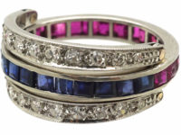 Art Deco 18ct White Gold, Sapphire Diamond & Ruby Flip Over Ring