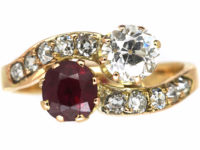 Edwardian 14ct Gold, Diamond & Ruby Crossover Ring
