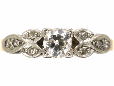 Art Deco 18ct Gold & Platinum, Diamond Solitaire Ring with Diamond Set Shoulders