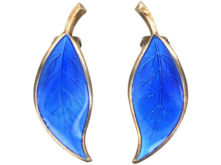 Silver And Blue Enamel Clip On Leaf Earrings By David Andersen The