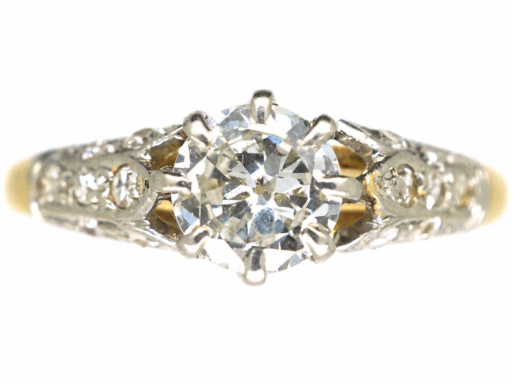 Art Deco 18ct Gold & Platinum, Diamond Solitaire Ring with Diamond Three Leaf Shoulders