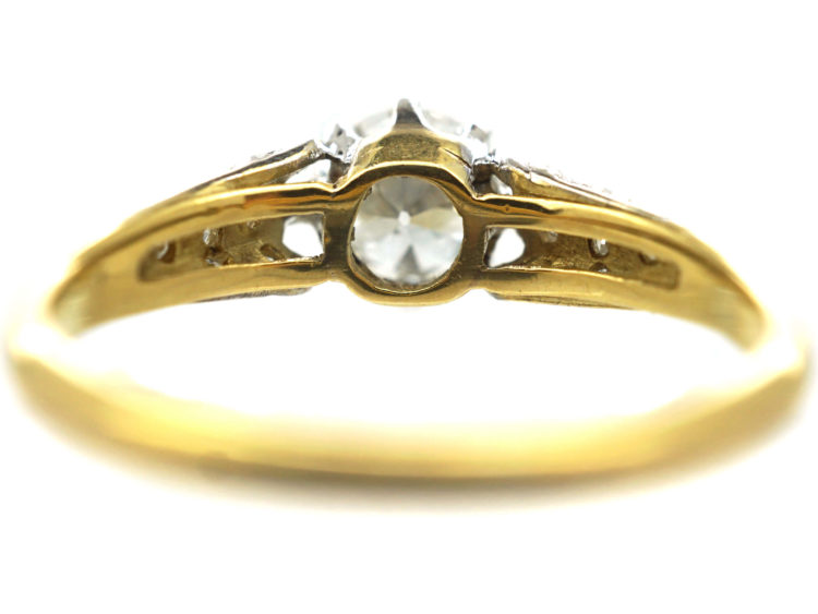 Art Deco 18ct Gold & Platinum, Diamond Solitaire Ring with Diamond Three Leaf Shoulders