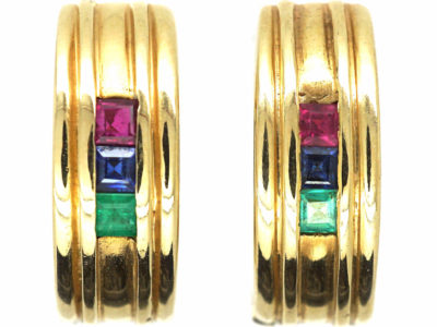 14ct Gold Hoop Earrings set with Rubies, Emeralds & Sapphires